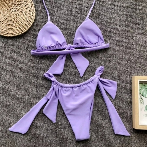 New Neon Slide Triangle Top and Slide Side Tie Bottom Bikini Set Swimsuit Size L - Picture 6 of 7